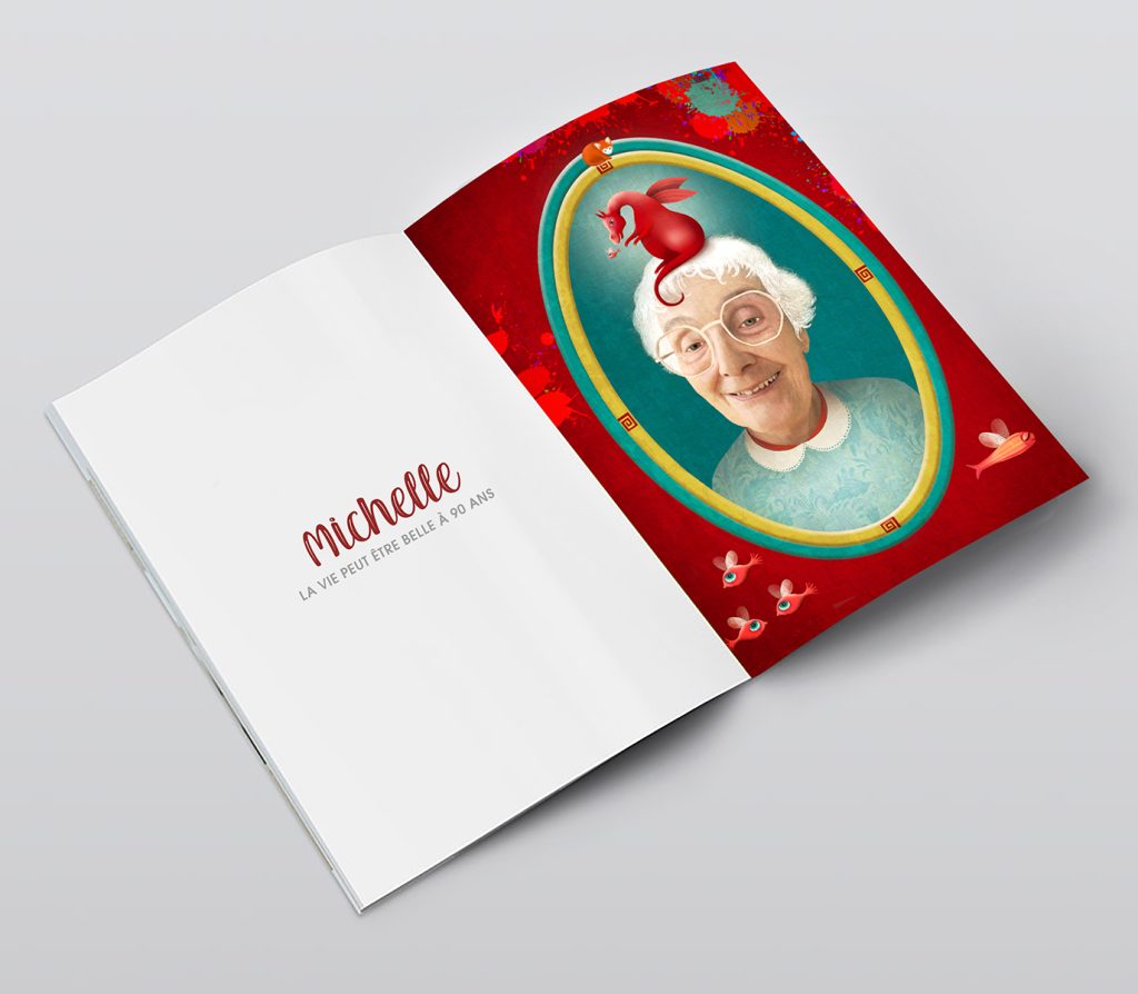 Page intérieure d'un recueil de récits de vie avec portait original par "La belle graine communication"