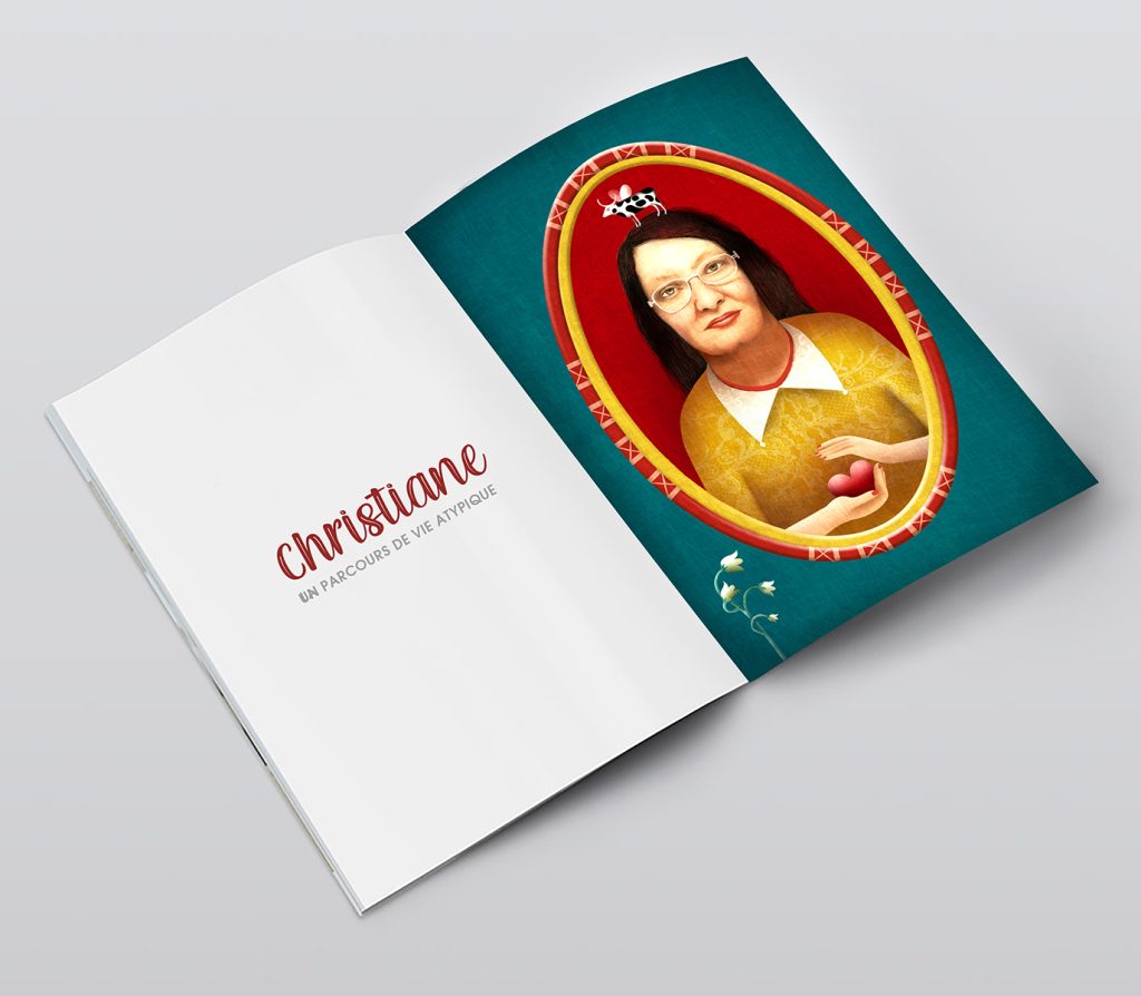 Page intérieure d'un recueil de récits de vie avec portait original par "La belle graine communication"