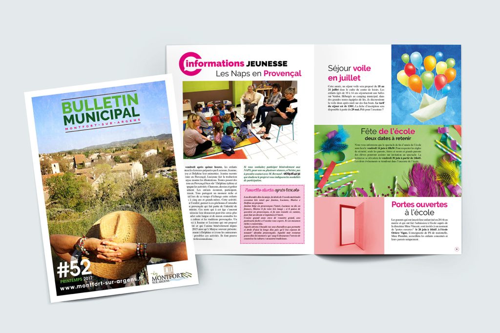 Pages intérieures du bulletin municipal de Montfort-sur-argens crée par "La belle graine communication"