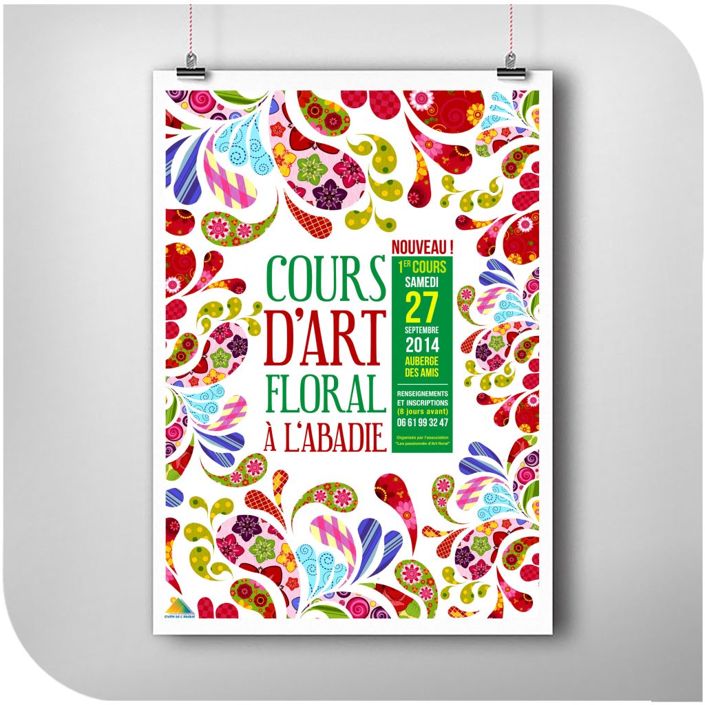 Affiche colorée pour un cours d'Art floral à l'Abadie